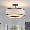 Semi Flush Mount Ceiling Light, 3-Light Double Drum Ceiling Light Fixture with Fabric Shade, Farmhouse Chandelier Dining Room Light Fixture for Bedroom, Kitchen, Hallway (Black), Large Flush Mount Ceiling Light