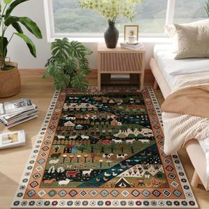 Bedroom Rug 3x5 Rug Washable Area Rug Non Slip Low Pile Nomadic Animal Small Carpet for Bedroom, Bedside, Kitchen, Entryway, Kids Room, Office, College Dorm Essentials for Girls, Green