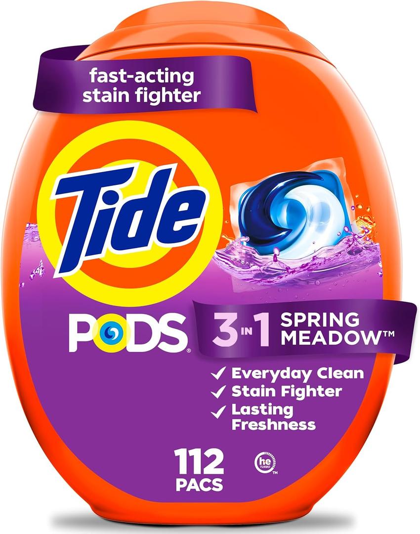 Tide PODS laundry detergent pacs, 3in1 Stain Remover, Odor Fighter, Color Protector, 112 Count, HE compatible, Spring Meadow Scent