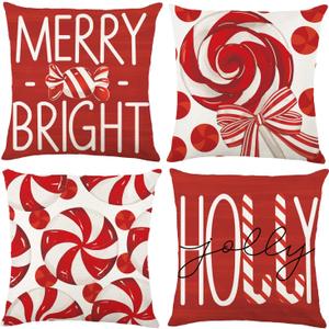 4pcs Christmas Pillow Covers Decoration,18x18in Red Candy Pillow Case Merry Bright Holly Throw Pillow Covers Cushion Cases for Winter Holiday Seasonal Farmhouse Couch Sofa Home Decor