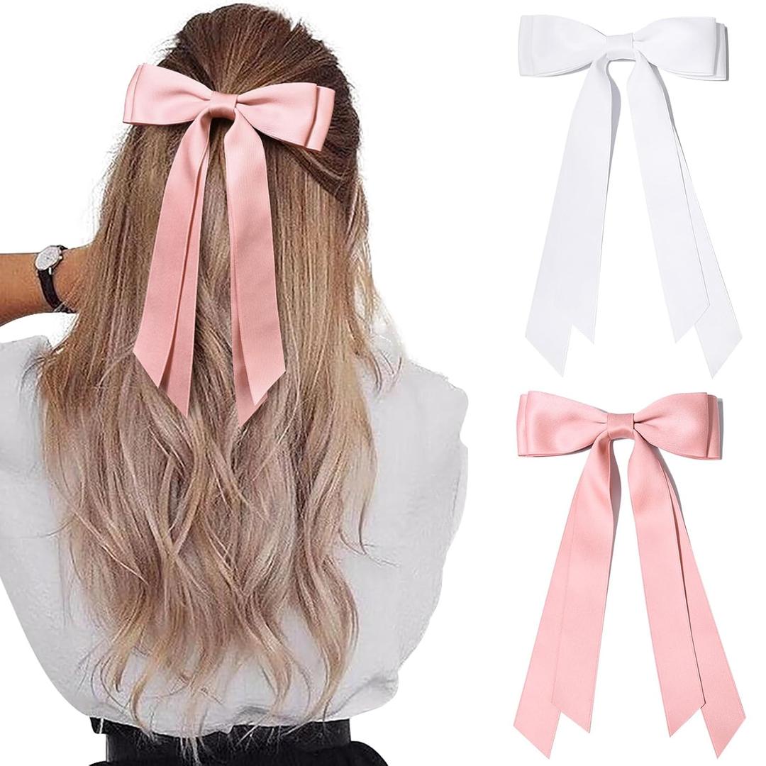 2PCS Silky Satin Hair Bows Hair Clip Pink White Hair Ribbon Ponytail Holder Accessories Slides Metal Clips Hair Bow for Women Girls Toddlers Teens Kids
