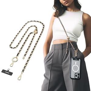 MAGEASY Crossbody Phone Chain Strap - Universal Metal Crossbody Phone Lanyard With Adjustable Length, Chic Cell Phone Necklace Phone Strap for iPhone & Android Phones - Classic Gold Metal
