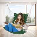 Hammock Chair Hanging Swing with Wooden Armrest,Steel Spreader Bar,Pillows,Hardware kit Included;Cotton Woven;Up to 350 Lbs,for Indoor Outdoor Green
