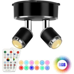 Dual-Head Spotlight Battery Operated, Led Spot Lights Indoor with Remote and DC Cord, RGBW Accent Light for Art Picture, Dartboard, Kitchens Cabinets, Bedroom, Party Decor