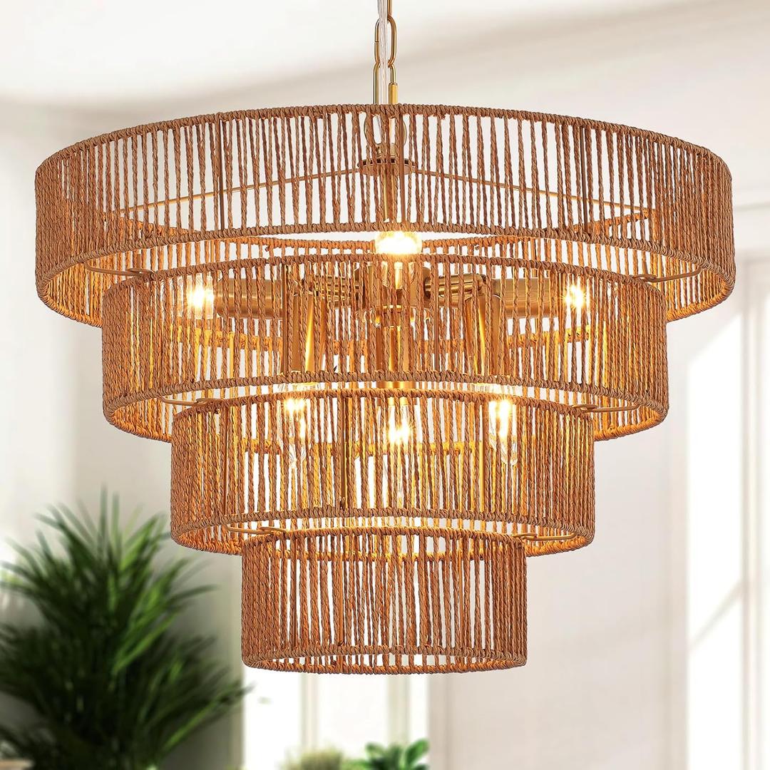 Boho Rattan Chandelier Farmhouse 6-Lights Hand-Woven Bamboo Chandelier Light Fixture Vintage Rustic Wicker Rattan Golden Chandeliers for Dining Room, Bedroom, Kitchen, Living Room, E12 (Gold 19.7")