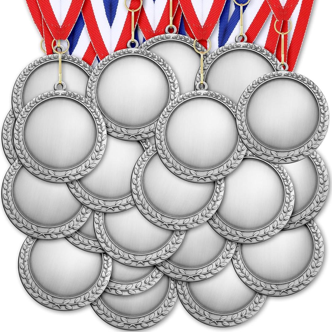Sasylvia Blank Award Medals with Neck Ribbons Create Your Own Medals Kit Cheer Medal Winner Medal Participation Trophy Metal Gifts for Adults Party (Antique Silver)