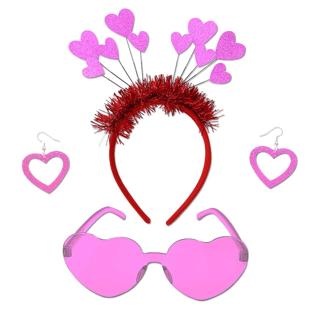 Pink Heart Shape Headband Glitter Sunglasses Sequin Earrings Valentines Day Halloween Cosplay Costume Accessories Set (Pink, XS)