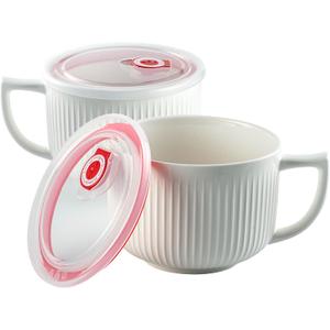 Oversized Soup Bowls with Handles, 38oz Microwave Ramen Bowl with Lid, Jumbo Soup Mug for Ramen, Noodle, Cereals, Soup Container with Lid, Dishwasher Safe - set of 2 (White)