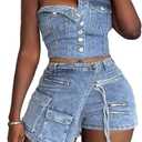 Molilove Women's Denim 2 Piece Outfits Button Tube Top and Cargo Shorts with Pockets Summer Sexy Jeans Shorts Set Tracksuits (Medium, Blue)
