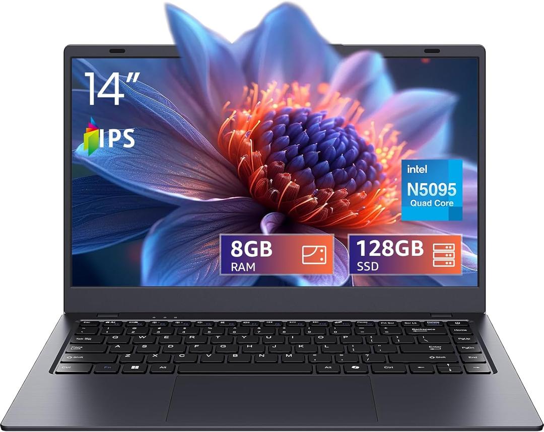UOWAMOU 14" Laptop - N5095 Quad-Core, 8GB RAM 128GB SSD, WiFi 5/Bluetooth 5.0, Webcam Privacy Cover, Preloaded Office 2024 - Ultra-Portable