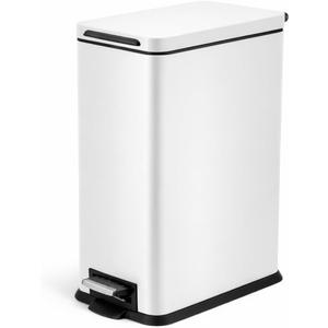 Home Zone Living 4 Gallon Slim Kitchen Trash Can with Soft Close Lid and Step Pedal, Matte White Stainless Steel Wastebasket with Removable Bucket