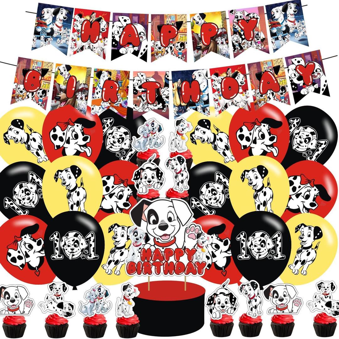 101 Dogs Birthday Party Supplies: Cake Caps, Cupcake Caps, Flags, Latex Balloons - Red, Black, White - Dog Themed - Includes 12 Cupcake Toppers, 1 Big Cake Topper, Banner, 18" Balloons