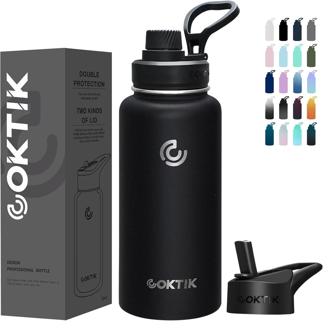 COKTIK 32 oz Sports Water Bottle With Straw,2 Lids, Stainless Steel Vacuum Insulated Water Bottles,Leakproof Lightweight, Keeps Cold and Hot, Great for Travel, Hiking, Biking, Running (Black)