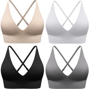 Evercute Women's Sports Bras 3/4 Pack Adjustable Deep V Neck Bras Wireless Spaghetti Strap Criss Cross Padded Low Support Bra (X-Large)