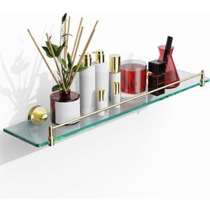 24 Inch Glass Bathroom Shelves,Brushed Gold Floating Shelves for Wall Rectangular Modern Stainless Steel Glass Shelf for Bathroom Shelves Wall Mounted, 24"with railing