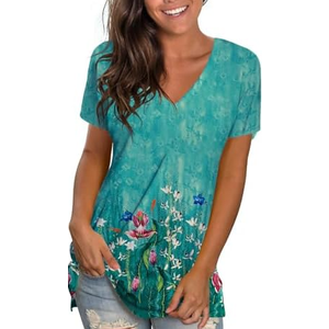 Womens T Shirts V Neck Short Sleeve Casual Tops Loose Fit Basic Tees with Curved Hem Size S