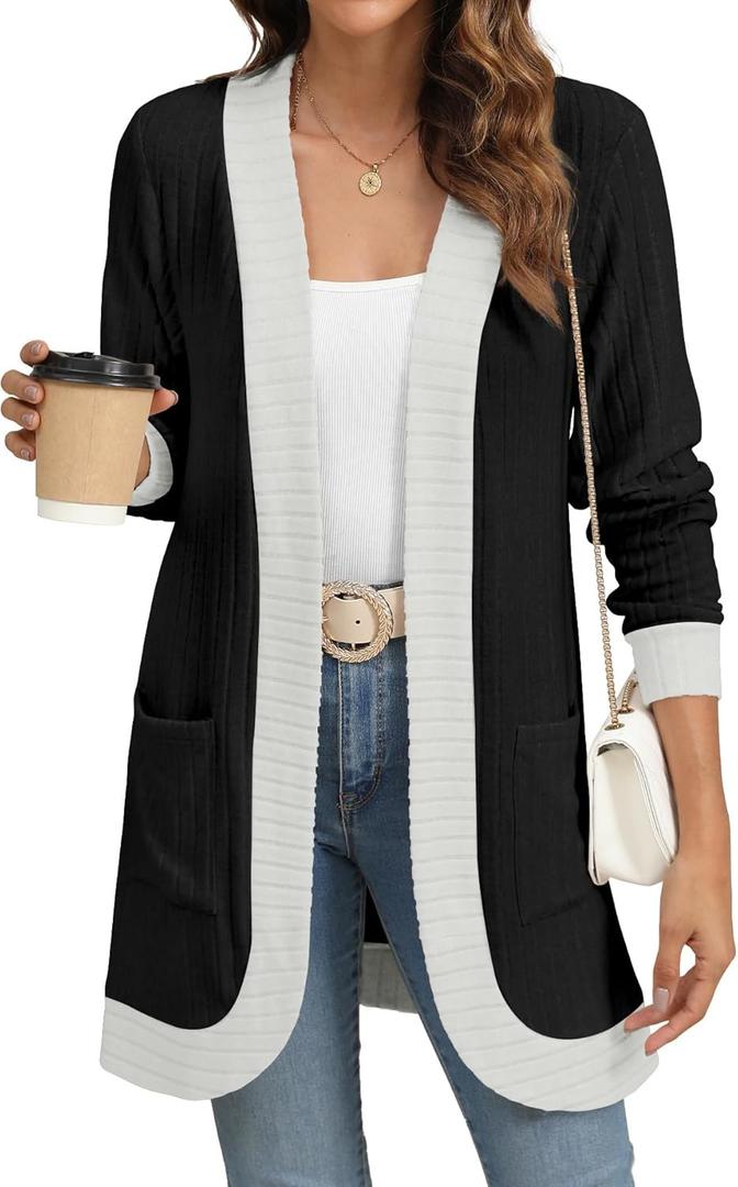 YSYOKOW Women Long Sleeve Open Front Cardigan Casual Lightweight Long Cardigans Loose Knit Outwear with Pockets (Black, XL)