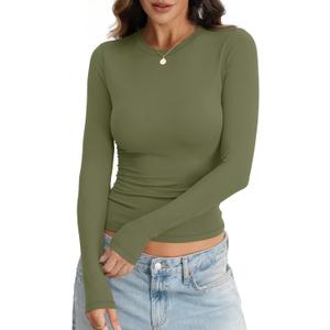 Eachyes Womens Long Sleeve Shirts Crew Neck Slim Fit Crop Tops Fall Basic Going Out Y2k Fashion Clothes 2026 (X-Small, Army Green)