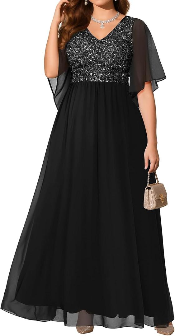 Pinup Fashion Women Plus Size Formal Dresses - Sequin Evening Gown Prom Wedding Guest Floor Length Dress (Black), 16W