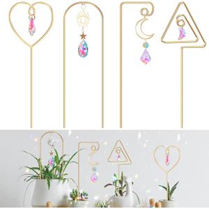 Small Trellis for Potted Plants Indoor with Colorful Crystal Sun Catcher, 14.17 Inch Metal Plant Lattice for Mini Potted Plant Decoration for Home Window Garden 4 Pack