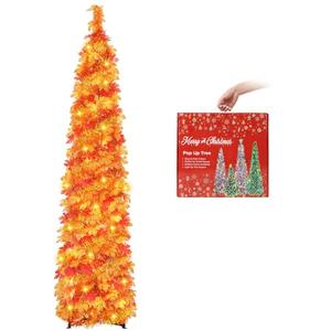 MACTING Fall Tree with 100 LED Lights 5FT Collapsible Autumn Maple Leaf Pop Up Tinsel Tree Battery Operated with Timer Easy-Assembly for Porch Home Apartment Holiday Thanksgiving Christmas Decorations
