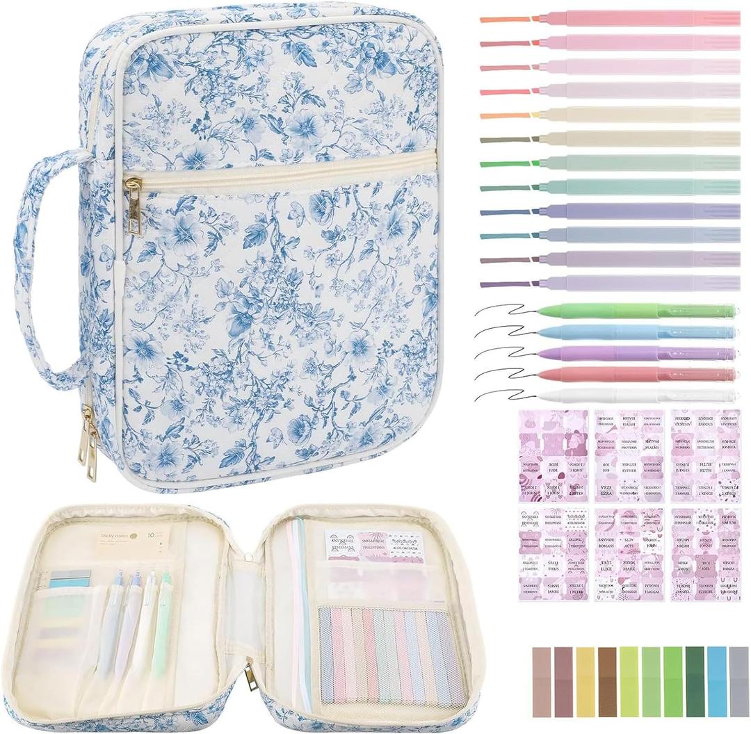 BESARME Bible Cover Case for Women, Large Bible Case Bibles Bag Bibles Study Supplies Christian Gifts Religious Easter Gifts for Girls (Blue Flower)