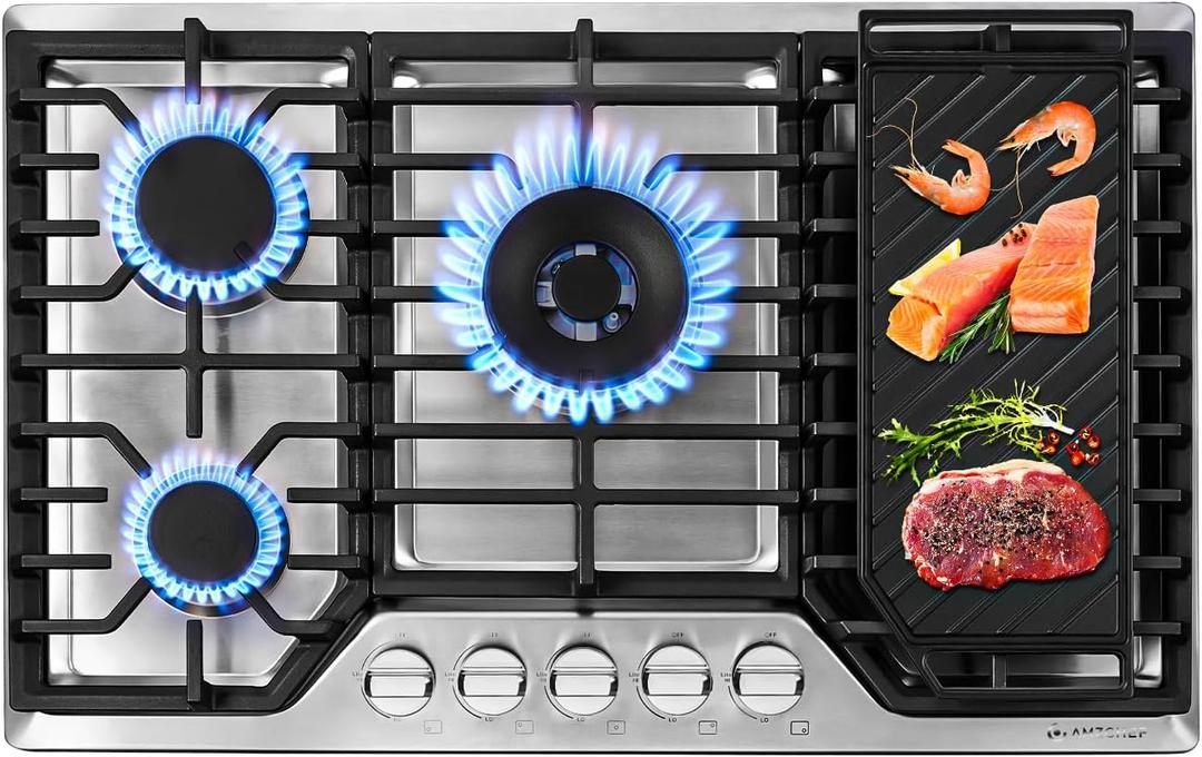 AMZCHEF 30 inch Gas Cooktop with 5 Made in Italy SABAF Power Burners,Max 48300 BTU/hr Built-in Gas Stove top of 304 Stainless steel with Double Sided griddle,NG/LPG Convertible,ETL. AMZCHEF 30 inch Gas Cooktop with 5 Made in Italy SABAF Power Burners,Max 48300 BTU/hr Built-in Gas Stove top of 304 Stainless steel with Double Sided griddle,NG/LPG Convertible,ETL.