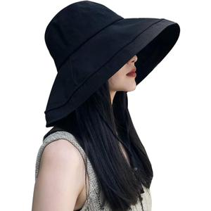 Wide Brim Sun Hat for Women, UV Protection Bucket Hat with Adjustable Strap, Packable Travel Friendly Summer Hat (Black)