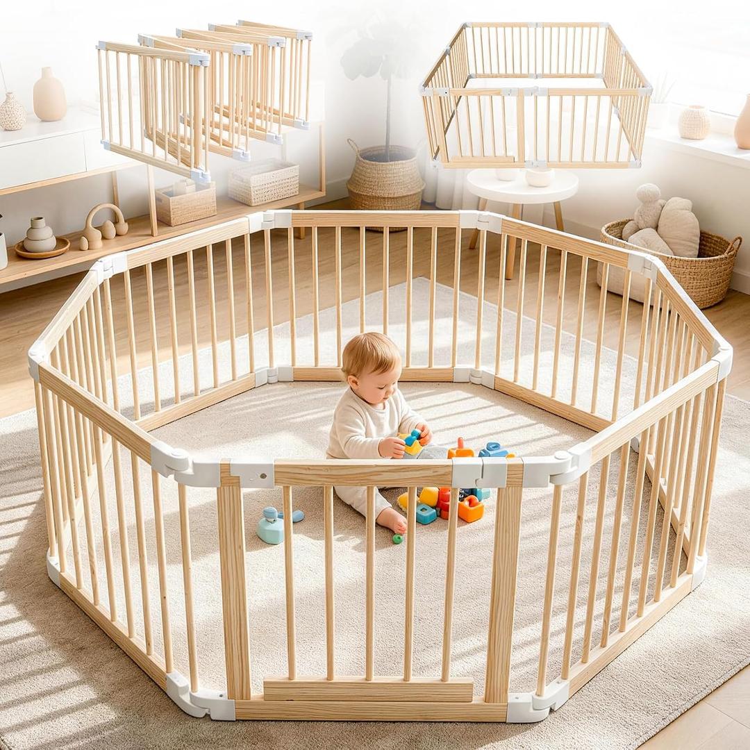 Baby Playpen, 56 * 56 * 24 inches Wooden Play Yard with Gate for Babies