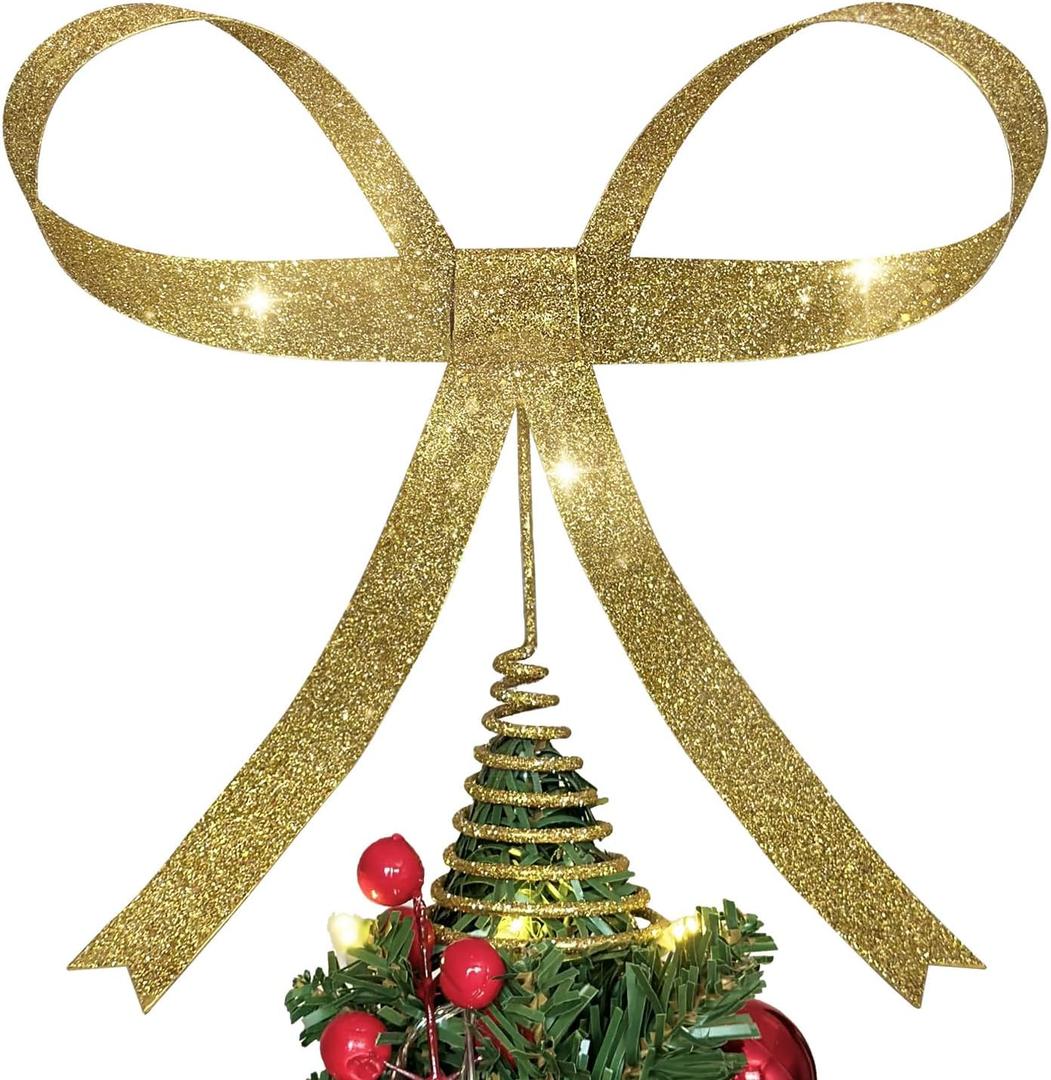 Large Metal Bow Christmas Tree Topper,9.4 Inch Glitter Gold Tree Topper,Gold Bow Christmas Tree Decorations for Xmas Home Decor Holiday Party Indoor Outdoor Shop Office