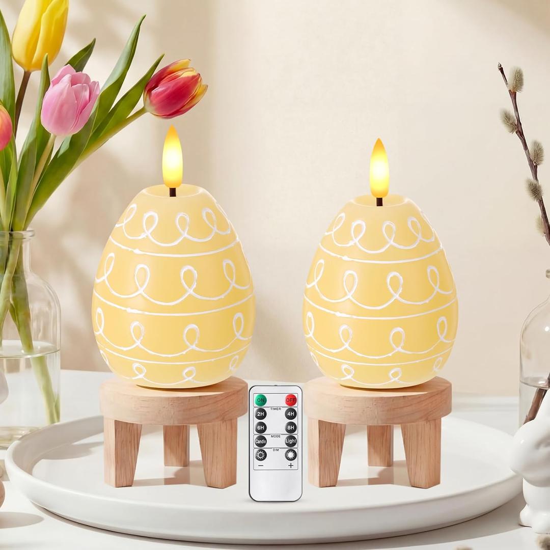 Baquler 2 Pcs Easter Egg Flameless Candles with Timer Egg Shape LED Candle Real Wax Battery Operated Flickering LED Candles Gift No Battery for Easter Party Living Room Home Decor (Yellow)