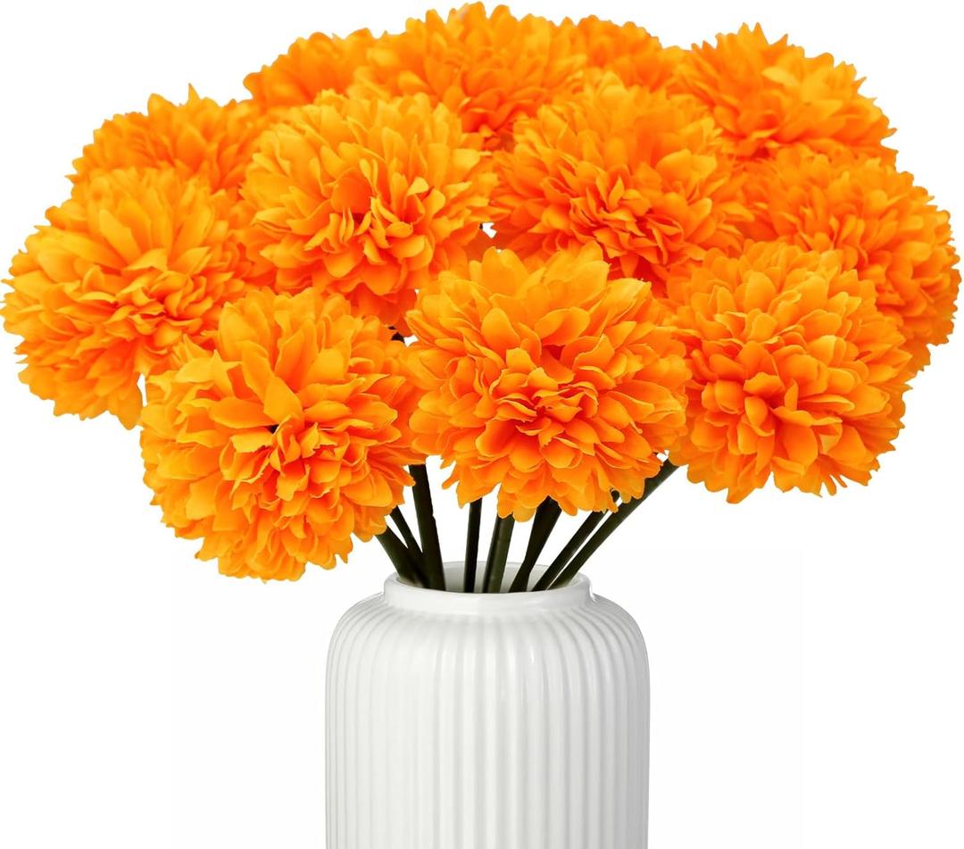 12 Pcs Orange Artificial Chrysanthemums Fall Flowers Silk Marigold Fake Mums Flowers for Home Party Centerpiece Vase Decor