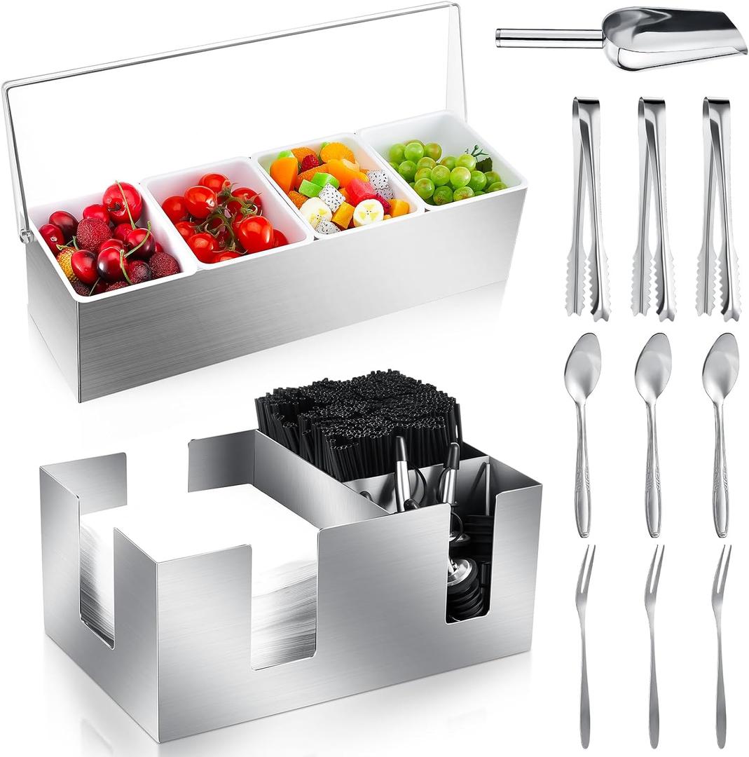 Tessco for you Garnish Tray with Lid Bar Caddy Ice Cooled Condiment Serving Container with Ice Scoop Metal Mini Serving Tongs Fruit Fork Spoons for Food Home Party Kitchen (Stainless Steel,4 Grids)