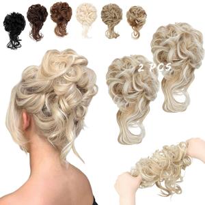 2PCS Messy Bun Hair Piece Tousled Updo with Tendrils Wavy Curly Hair Bun Scrunchies Ponytail Extension Elastic Band Hairpieces For Women (Ash blonde mix Bleach Blonde)