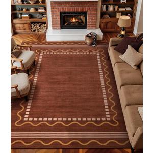 YIHOUSE Burnt Orange Scalloped Rugs for Living Room 8x10, Non-Slip Washable Farmhouse Border Bedroom Rug, Low-Pile Indoor Carpets, Stain-Resistant Vintage Rusty Rugs for Dining Room, Office