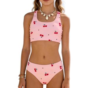 Girl's Cherry Print Bikini Set Scoop Neck Crop Tank Two Piece Summer Swimwear Cute Bathing Suit Beach Outfit (Pink, XS)