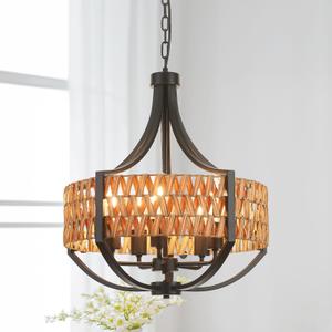 Refice 19.69" Rattan Chandelier, 5-Light Boho Chandelier with Natural Woven Reed Shade, Black Farmhouse Hanging Ceiling Light Pendant Light for Dining Room, Living Room, Foyer, Bedroom Hallway