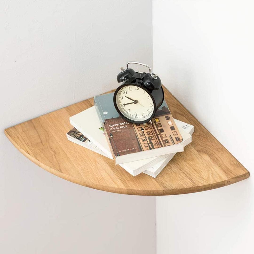 Corner Shelf,16inch Natural Oak Solid Wood Floating Corner Shelves Wall Mount Round End Floating Speaker Rack with Wire Hole for Small Plant for Bedroom Kitchen, Living Room