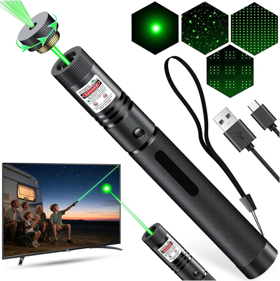 [Professional]USB-C Rechargeable High Power Green Pointer, Long Range with Star Cap&5 Adjustable Modes, Tactical Flashlight for Construction, Astronomy, Outdoor Hunting,Hiking&Camping, Presentations