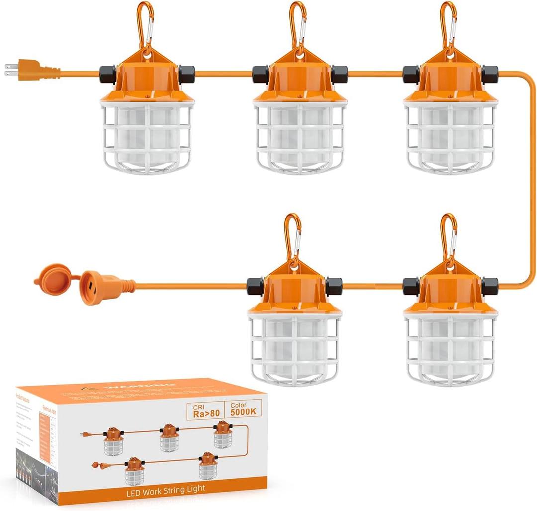 NS 50FT Construction String Lights LED Industrial Grade Super Bright 5000K IP65 Linkable for Construction Sites, Temporary Work, Renovation, Jobsite, All Outdoor Lighting, with 5 Bulbs and Hook