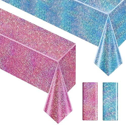 Just Shimmer Sparkling Holographic Laser Tablecloth - Shimmering, Waterproof, Easy to Clean - Ideal for Bachelorette, Birthday, Wedding, and Anniversary Party Decorations (Pink & Light Blue, 2)