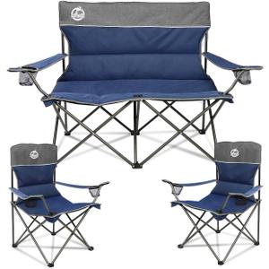 Outdoor Camping Chair Set of 3,Folding Padded Camp Chair,Collapsible Conversation Set w/1 Sofa,2 Single Chairs for Family Patio,Beach (Blue)