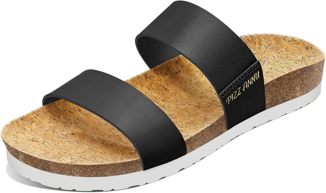 PIZZ ANNU Women's Slide Sandals Open Toe Two Strap Flat Sandals With Comfort Cork Footbed Slip-On Casual Summer Shoes, Black 10