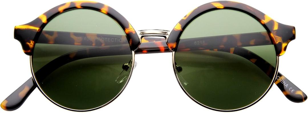 zeroUV Vintage Inspired Classic Half Frame Semi-Rimless Round Circle Sunglasses (Tortoise Green)