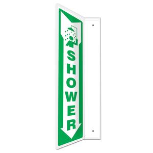 Accuform PSP438 Projection Sign 90D, "Shower", 0.10" Thick High-Impact Plastic, Pre-Drilled Mounting Holes, Plastic, 18" x 4", White on Green