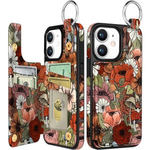 Shorogyt Compatible with iPhone 11 Wallet Case with Card Holder - Designer Mushroom Flower Pattern Kickstand Magnetic Clasp Back Flip Folio Leather Phone Covers for Women Men Girls