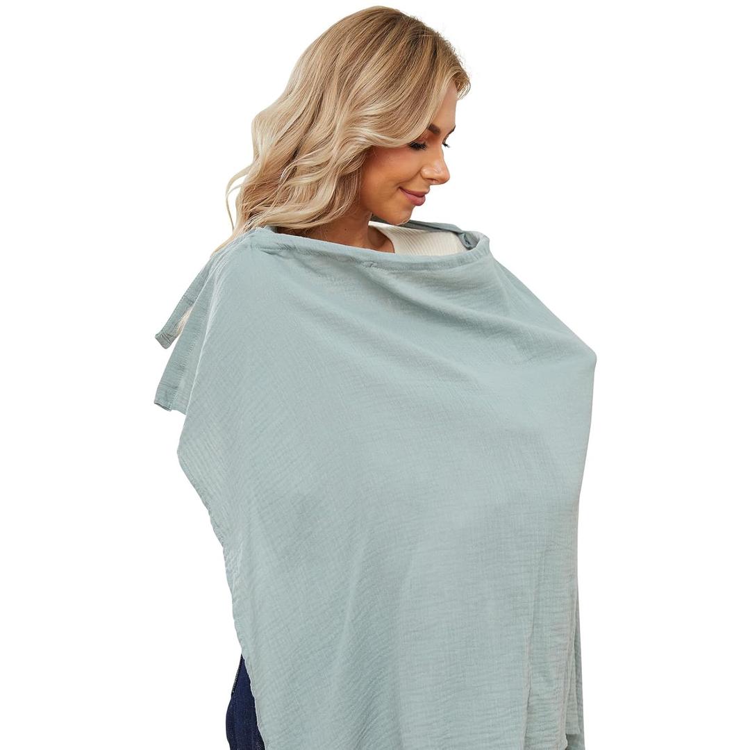 PPOGOO Muslin Nursing Cover for Baby Breastfeeding, Breathable Privacy Nursing Covers for Mom 100% Cotton Breastfeeding Cover with Rigid Hoop for Mother Nursing Apron (Light Green)