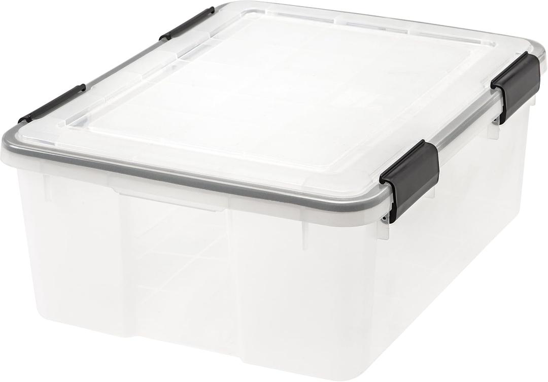 IRIS USA 30 Quart WEATHERPRO Plastic Storage Box with Durable Lid and Seal and Secure Latching Buckles, Clear with Black Buckles, 1 Pack (30 Qt - Single)