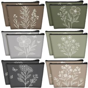 Sweetude 12 Pcs Vintage Flowers Makeup Bag Bulk Boho Gifts Portable Travel Cosmetic Bags with Zipper Retro Floral Waterproof Roomy Travel Beauty Toiletry Organizer Storage Pouch for Women