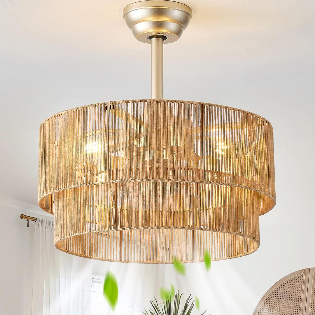 20" Caged Boho Ceiling Fans with Lights, Rattan Fandelier Chandelier Ceiling Fan with Light Remote Control with 6 Speeds for Bedroom, Nursery (Yellow)